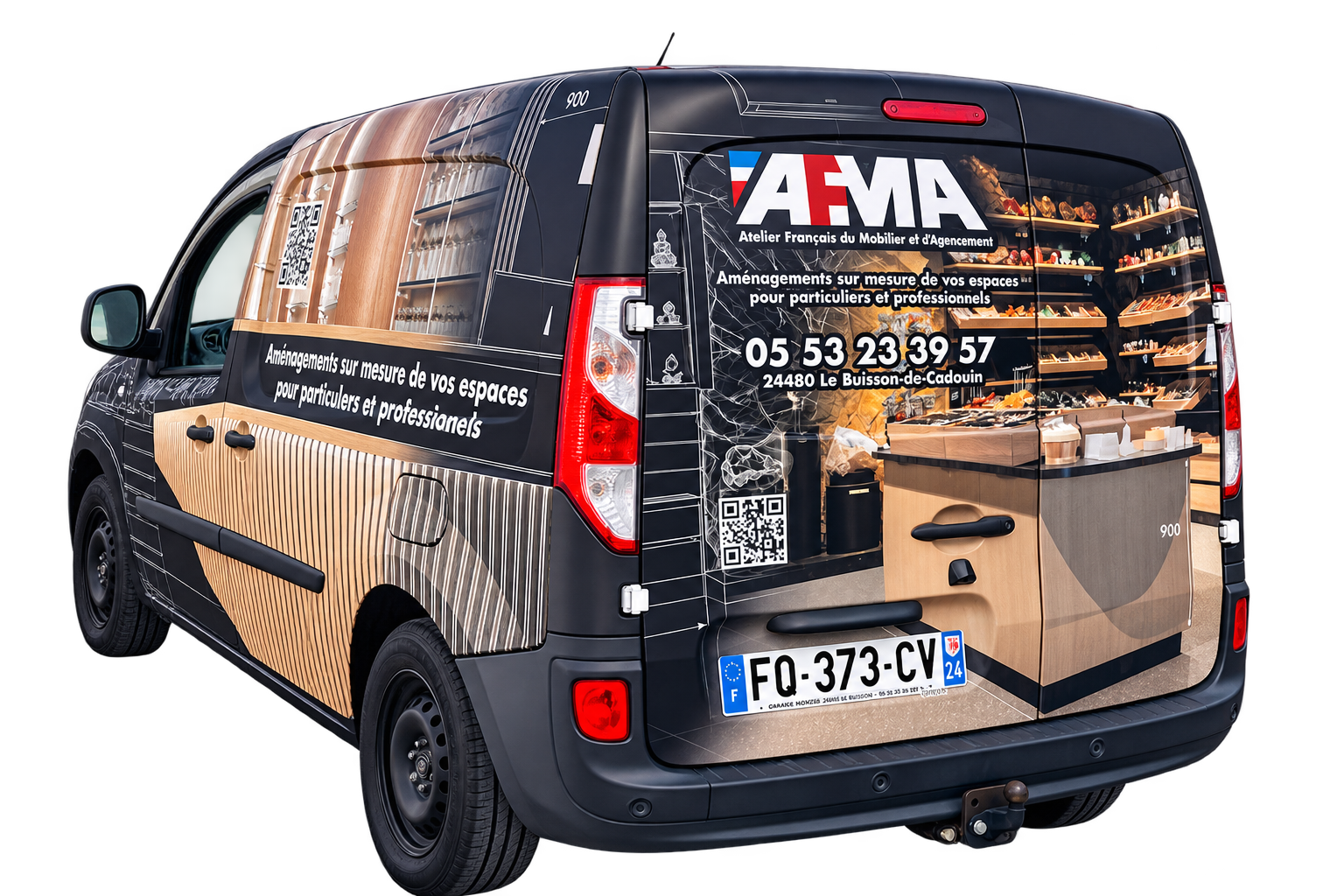 Arrière du Kangoo AFMA : agencement de boutique imprimé sur les portes, logo, téléphone et QR code