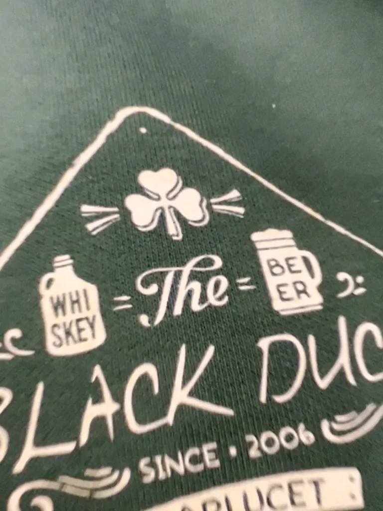 Gros plan du visuel The Black Duck Carlucet imprimé en DTF sur un sweat vert