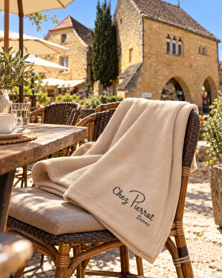 Plaid polaire beige au logo Chez Pierrot posé sur une chaise de la terrasse, place de la Halle à Domme