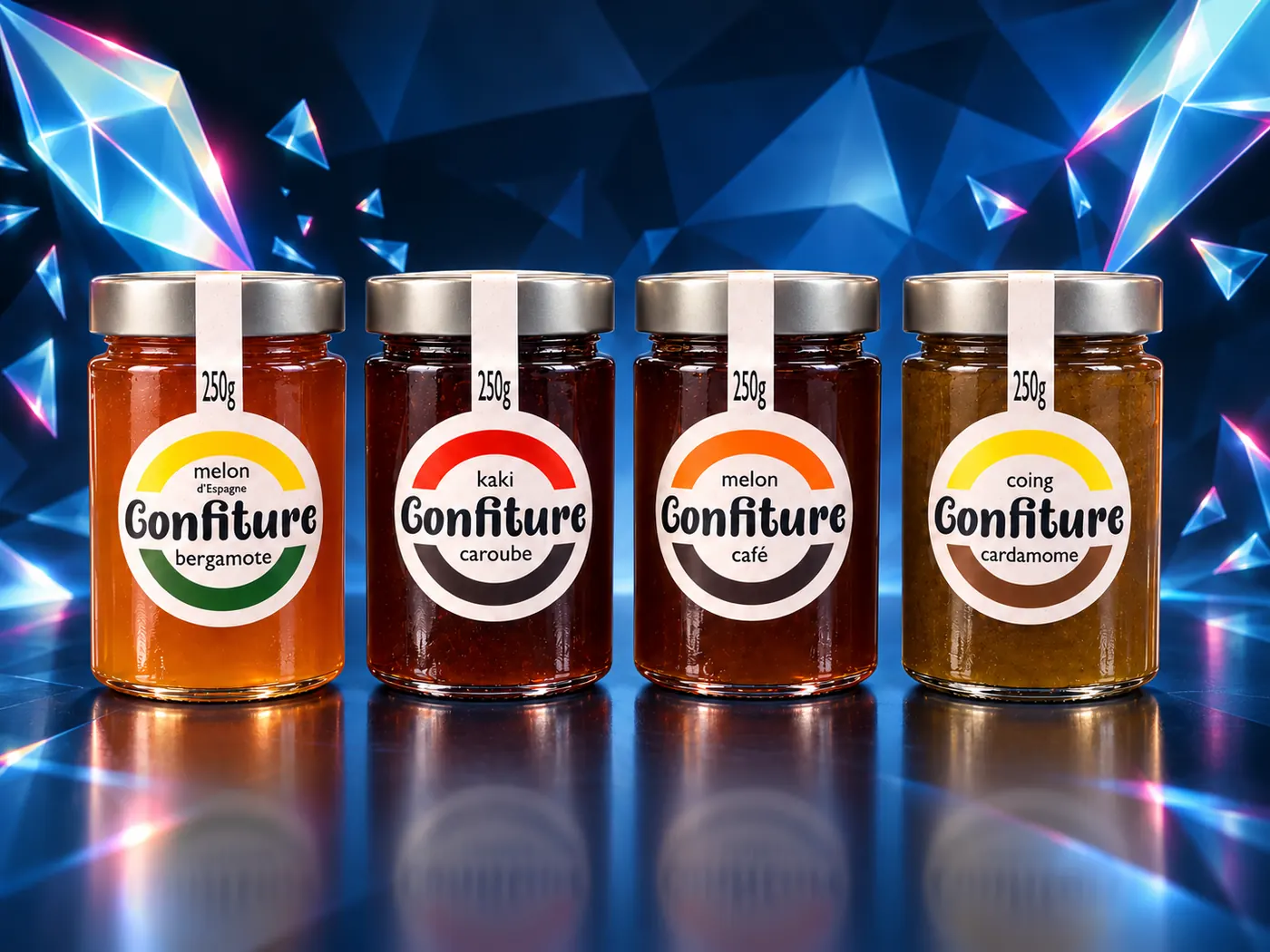 Quatre pots de confiture de 250 g alignés, chacun avec son étiquette ronde découpée à la forme : melon bergamote, kaki caroube, melon café, coing cardamome