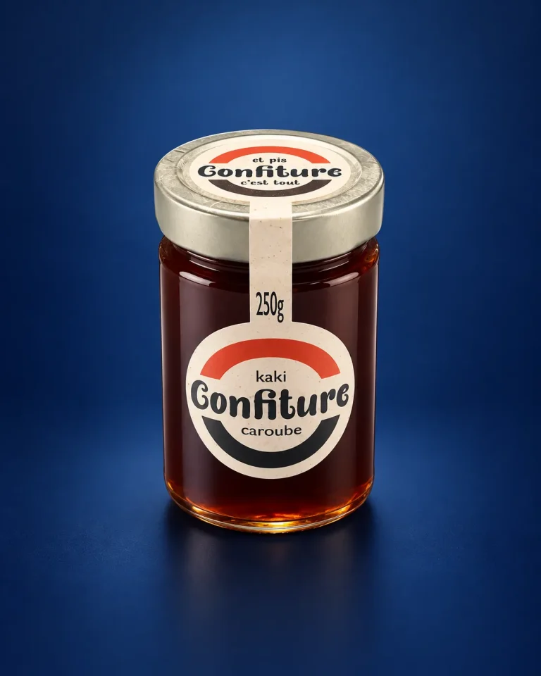 Pot de confiture kaki caroube de la marque Et pis, confiture, c’est tout : étiquette ronde découpée à la forme avec bande sur le couvercle