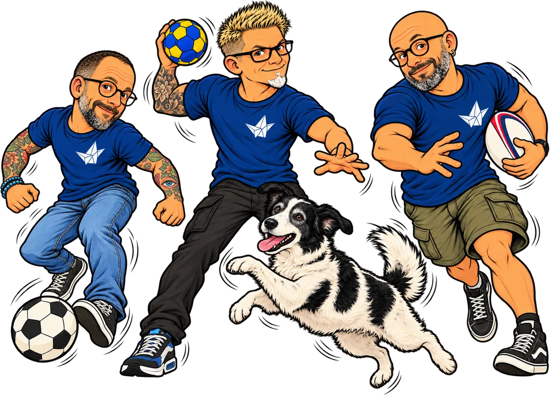 L’équipe d’Avenir Impressions en joueurs de foot, de handball et de rugby, avec leur chien