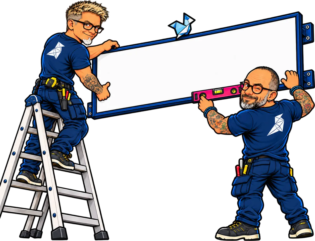 Illustration : Johan, sur un escabeau, et Mickey, niveau à bulle en main, posent une enseigne sous l’œil d’un oiseau origami