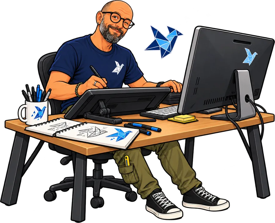 Illustration : Gaëtan, d’Avenir Impressions, dessine sur sa tablette graphique, à côté de son carnet de croquis d’oiseaux origami