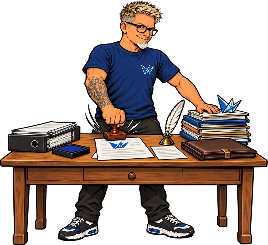 Illustration : Johan, d’Avenir Impressions, appose un grand tampon sur un document officiel