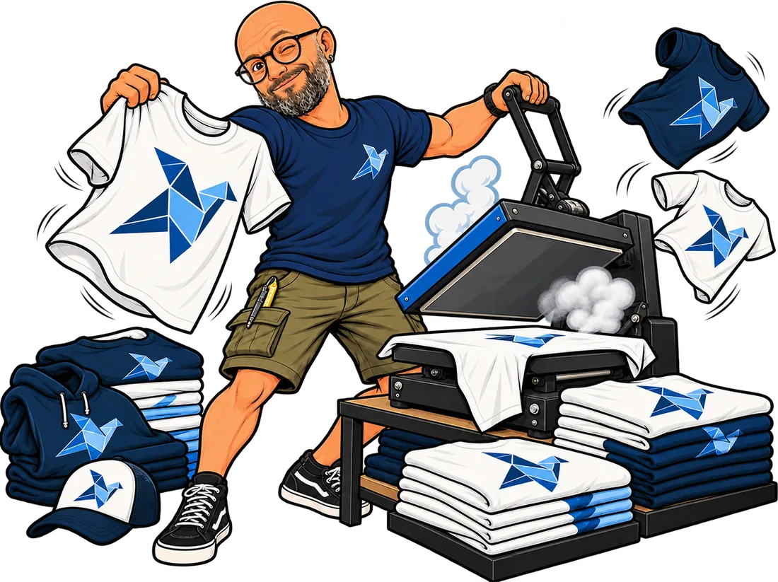 Illustration : Gaëtan, d’Avenir Impressions, sort un t-shirt de la presse à chaud, entouré de t-shirts, sweats et casquettes personnalisés