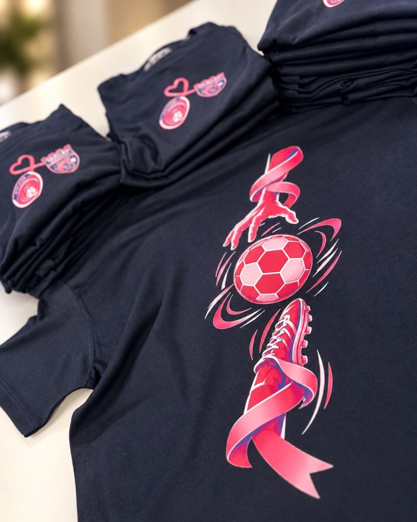 Visuel Octobre rose imprimé en DTF au dos d’un t-shirt marine : main de handballeur, ballon et crampon de foot