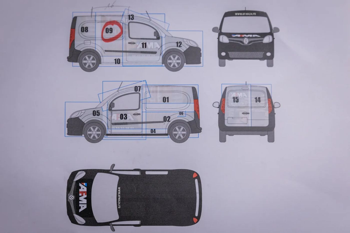 Plan de calepinage du Kangoo AFMA, panneaux numérotés de 01 à 15