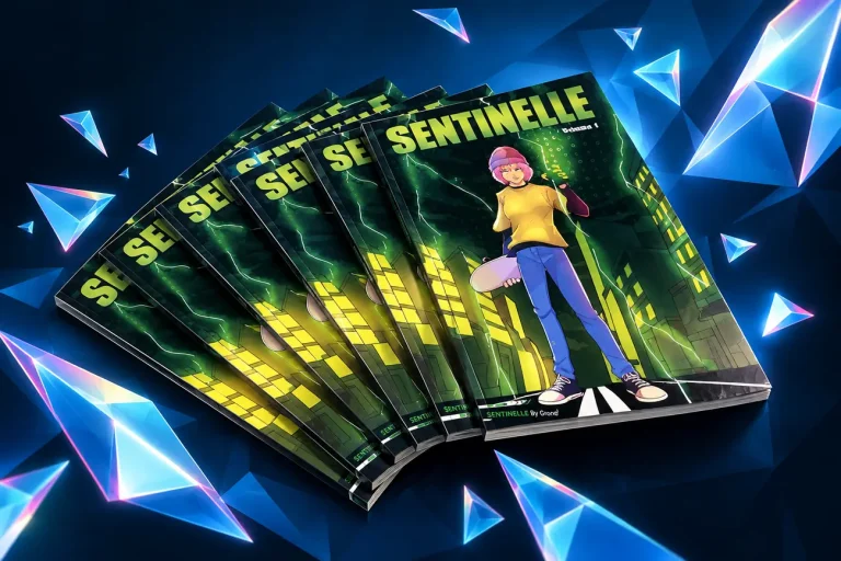 Exemplaires de la bande dessinée Sentinelle, tome 1, imprimés par Avenir Impressions et disposés en éventail