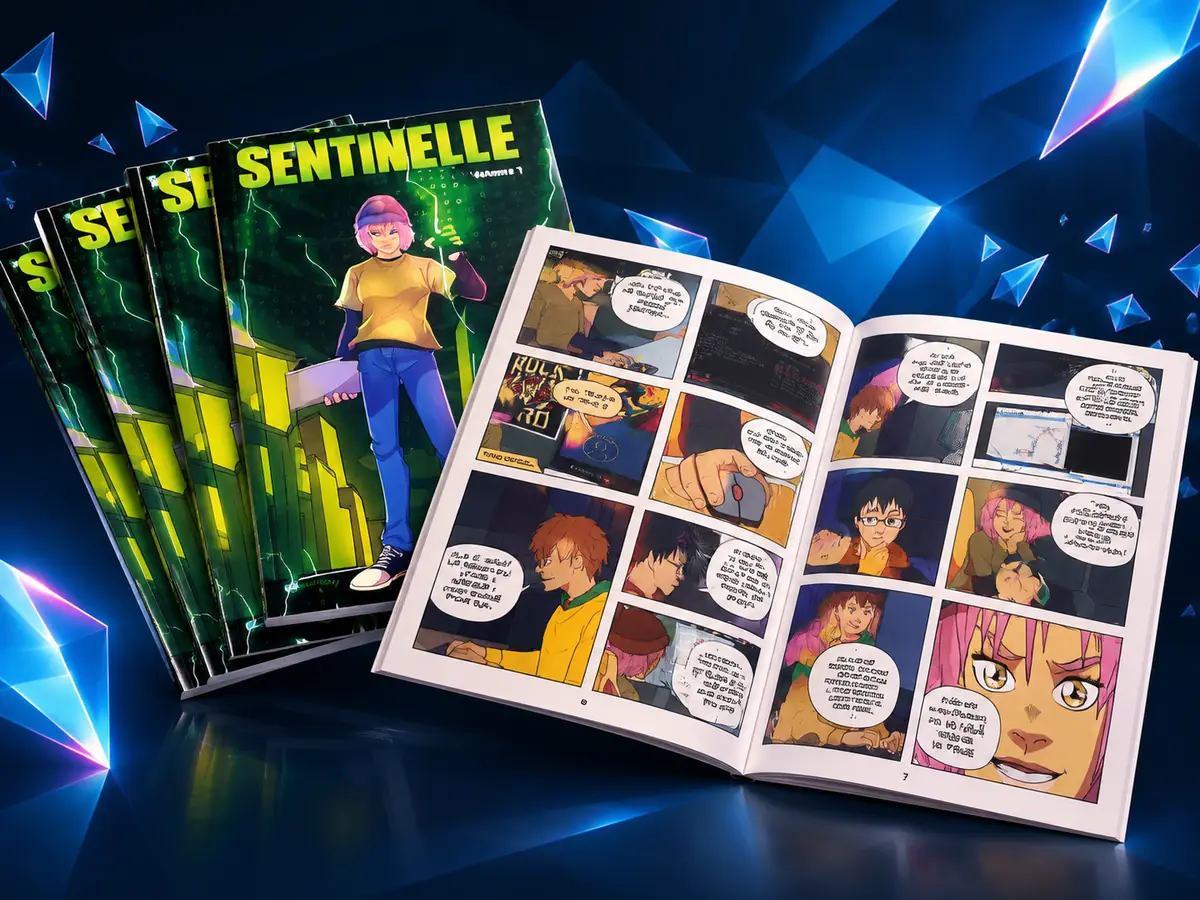 La bande dessinée Sentinelle ouverte sur une double page intérieure imprimée en couleur